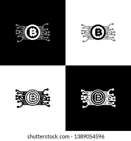 Set Cryptocurrency concept bitcoin in circle with microchip circuit icons on black and white background. Blockchain technology, digital money market. Line, outline and linear icon. Vector Illustration