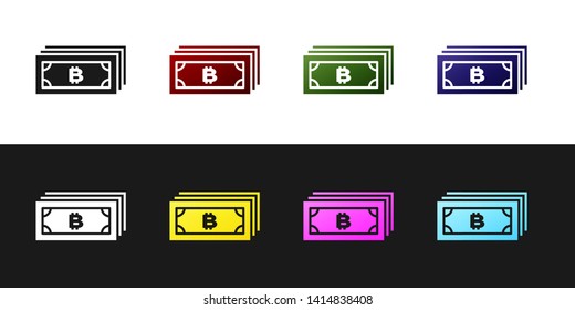 Set Cryptocurrency concept bitcoin in circle with microchip circuit icon isolated on black and white background. Blockchain technology, digital money market. Vector Illustration