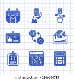 Set Cryptocurrency exchange, Bitcoin in browser, Calculator, Stocks market growth graphs, Business finance report, Identification badge, Dollar plant and Bear icon. Vector