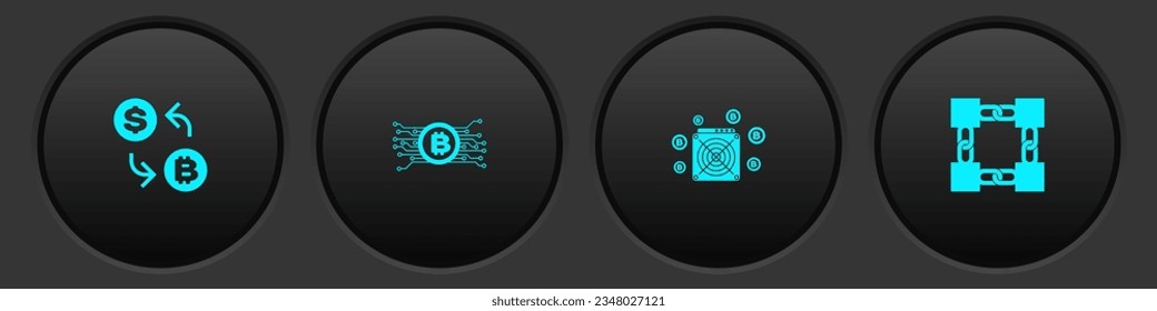 Ajuste el intercambio de criptodivisa, el circuito de bitcoin, el icono de tecnología ASIC Miner y Blockchain. Vector