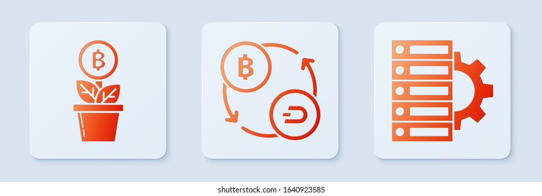 Set Cryptocurrency exchange, Bitcoin plant in the pot and Server and gear. White square button. Vector