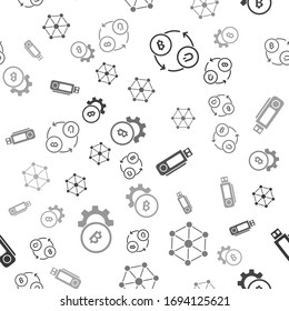 Set Cryptocurrency exchange, Blockchain technology, USB flash drive and Cryptocurrency coin Bitcoin on seamless pattern. Vector