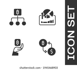 Set Cryptocurrency exchange, Blockchain technology Bitcoin, Hand holding and Stocks market growth graphs icon. Vector