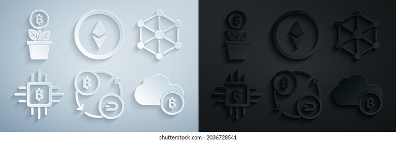 Establezca el intercambio de criptodivisa, la tecnología Blockchain, la explotación minera de CPU, la nube, la moneda Ethereum ETH y el icono de la planta de Bitcoin. Vector