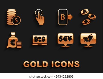 Set Cryptocurrency exchange, Coin money with dollar, Stacks paper cash, Currency, euro symbol, Mining bitcoin from mobile,  and Hand holding icon. Vector