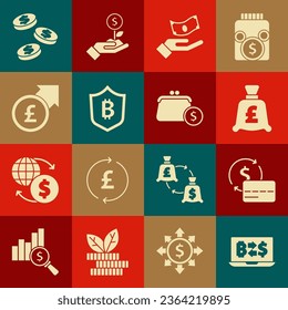 Set Cryptocurrency exchange, Credit card, Coin money with pound, Hand holding, Shield bitcoin, Financial growth, dollar and Wallet coins icon. Vector