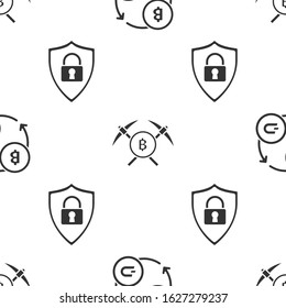 Set Cryptocurrency exchange, Crossed pickaxe and Shield security with lock on seamless pattern. Vector