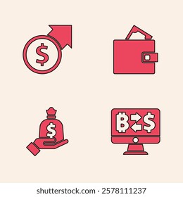 Set Cryptocurrency exchange, Financial growth and dollar, Wallet with money and Hand holding bag icon. Vector