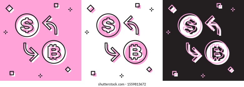 Set Cryptocurrency exchange icon isolated on pink and white, black background. Bitcoin to dollar exchange icon. Cryptocurrency technology, mobile banking.  Vector Illustration