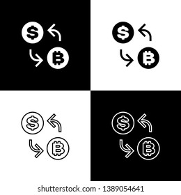 Set Cryptocurrency exchange icons on black and white background. Bitcoin to dollar exchange icon. Cryptocurrency technology, mobile banking. Line, outline and linear icon. Vector Illustration