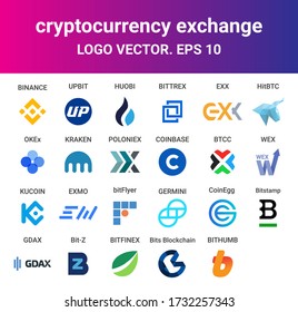
Set of cryptocurrency exchange logos. Binance, kraken, poloniex, upbit, huobi, bittrex, bithumb, OKEx, bitfinex, germini and others.  EPS 10