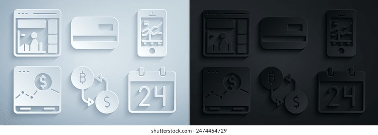 Set Cryptocurrency exchange, Mobile stock trading, Website with growth graph, Calendar, Credit card and  icon. Vector