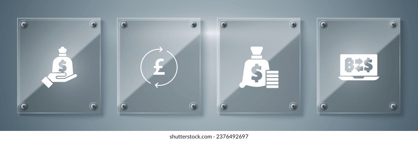 Set Cryptocurrency exchange, Money bag, Coin money with pound and Hand holding. Square glass panels. Vector