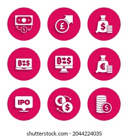 Set Cryptocurrency exchange, Money, Coin money with dollar, euro symbol, IPO, bag and Stacks paper cash icon. Vector