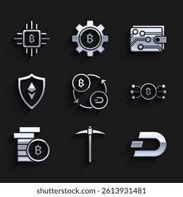 Set Cryptocurrency exchange, Pickaxe, coin Dash, bitcoin circle with microchip circuit, Bitcoin, Shield Ethereum ETH, wallet and CPU mining farm icon. Vector