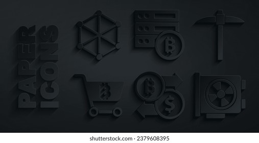 Set Cryptocurrency exchange, Pickaxe, Shopping cart with bitcoin, Video graphic card, Server and Blockchain technology icon. Vector