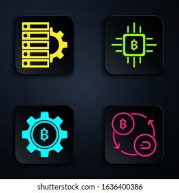 Set Cryptocurrency exchange, Server and gear, Cryptocurrency coin Bitcoin and CPU mining farm. Black square button. Vector