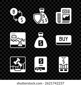 Set Cryptocurrency exchange, Shield and money bag, Business finance report, Online internet auction, Financial book, Mobile stock trading, Failure stocks market and Money icon. Vector
