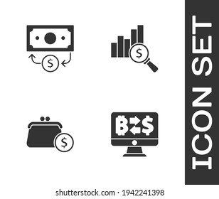 Set Cryptocurrency exchange, Stacks paper money cash, Wallet with coins and Pie chart and dollar icon. Vector