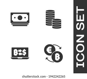 Set Cryptocurrency exchange, Stacks paper money cash,  and Coin with dollar icon. Vector