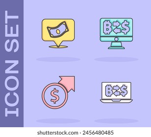 Establecer el intercambio de criptomonedas, Pilas de dinero en efectivo de papel, Crecimiento financiero y dólar e icono. Vector