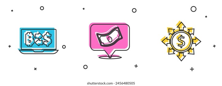 Set Cryptocurrency exchange, Stacks paper money cash and Dollar, share, network icon. Vector