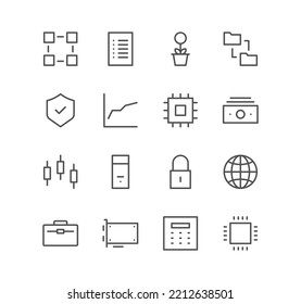Set of cryptocurrency and finance icons, trade, mining, growth, money, exchange and linear variety vectors.
