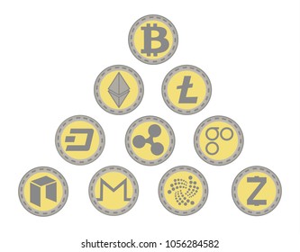 Set from Crypto-currency in the form of a triangle on a white background   