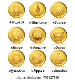 Set of cryptocurrency icon: Bitcoin, Ethereum, Stratis, Nem, Monero, Dash, Bytecoin, Ripple, Litecoin. Vector illustration.