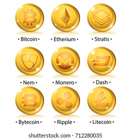 Set of cryptocurrency icon: Bitcoin, Ethereum, Stratis, Nem, Monero, Dash, Bytecoin, Ripple, Litecoin. Vector illustration isolated on white background.