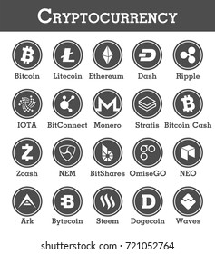 Juego de iconos de criptomoneda . Diseño en blanco y negro. Vector .