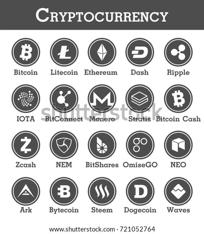 Set of cryptocurrency icon . Black and white design . Vector .