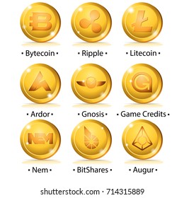 Set of cryptocurrency icon: Bytecoin, Ripple, Litecoin, Ardor, Gnosis, Game Credits, Nem, BitShares, Augur. Vector illustration isolated on white background.