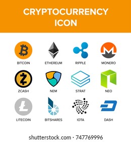 Set of cryptocurrency icon. color bitcoin, ethereum and etc