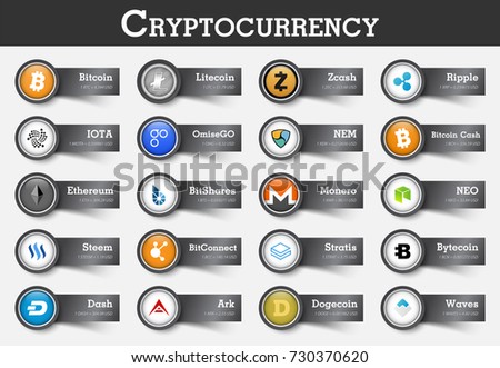 Set of cryptocurrency icon and label with value . Vector .
