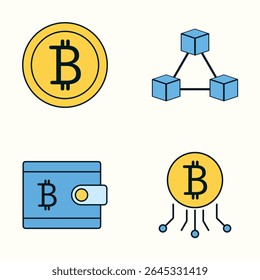 Conjunto de ícones de criptomoedas incluindo Bitcoin Coin, Blockchain Network, carteira digital e símbolos de transação de criptomoeda