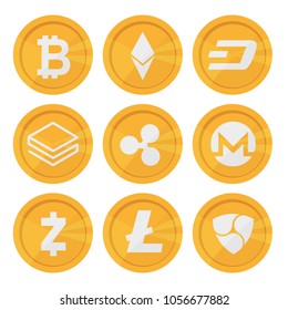 Set of cryptocurrency icons for internet money. Blockchain based secure. Isolated vector sign. Main cryptocurrency coins