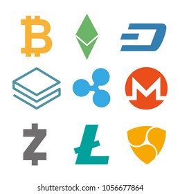 Set of cryptocurrency icons. Simple design in different color. Vector. Cryptocurrency on white background, digital currency, futuristic digital money
