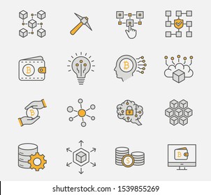 Set of cryptocurrency icons, such as mining, bitcoin, currency, blockchain and more. Vector illustration isolated on white. Editable stroke.