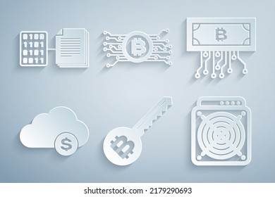 Establecer clave Cryptocurrency, bitcoin con circuito, minería en la nube, ASIC Miner e icono de contrato inteligente. Vector