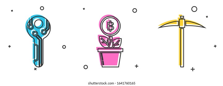 Set Cryptocurrency key, Bitcoin plant in the pot and Pickaxe icon. Vector
