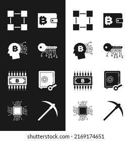 Set Cryptocurrency key, Bitcoin think, Blockchain technology, wallet, bitcoin with circuit and Proof of stake icon. Vector