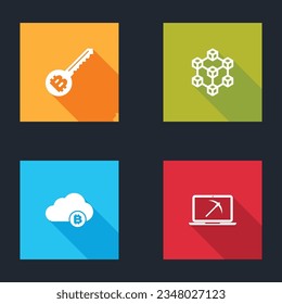 Set Cryptocurrency key, Blockchain technology, cloud mining and Mining with laptop and pickaxe icon. Vector