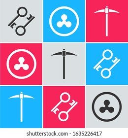Set Cryptocurrency key, Cryptocurrency coin Ripple XRP and Pickaxe icon. Vector