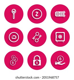 Set Cryptocurrency key, Lock with bitcoin, Hand holding Bitcoin, Safe, Dash, Mining farm and  icon. Vector