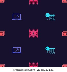 Ajuste la clave Cryptocurrency, Mining con laptop y pickaxe, circuito de bitcoin y en un patrón sin fisuras. Vector