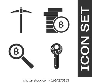 Set Cryptocurrency key, Pickaxe, Magnifying glass with Bitcoin and Cryptocurrency coin Bitcoin icon. Vector