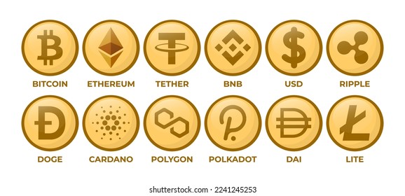 Set of Cryptocurrency Logo Coins: Bitcoin, Ethereum, Tether, BNB, USD, Ripple, Doge, Cardano, Polygon, Polkadot, Dai, Lite