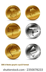 Set of cryptocurrency logo coins bitcoin, btc, ethereum, tether, usdt. Crypto currency blockchain symbol isolated on white background. Realistic vector illustration