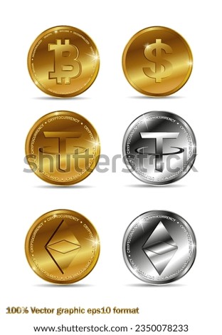 Set of cryptocurrency logo coins bitcoin, btc, ethereum, tether, usdt. Crypto currency blockchain symbol isolated on white background. Realistic vector illustration